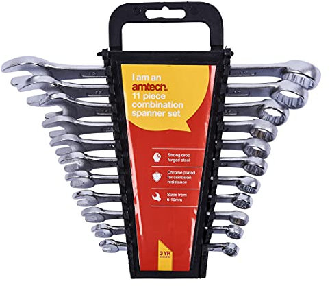 Amtech K0425 Combination Spanner Set, 11 Pieces Chrome Plated, Corrosion Resistant, Supplied with Storage Rack, 6mm-19mm