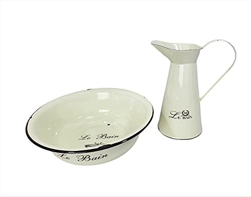linoows Waschset, Waschtisch-Set, Kanne und Waschschüssel aus Emaille im Landhaus-Stil