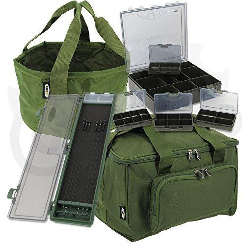 NGT Karpfen-Angelset, 4+1-Angelkasten-Set, Tragetasche Quickfish, Stiff-Rig-Kasten, Fischbehälter