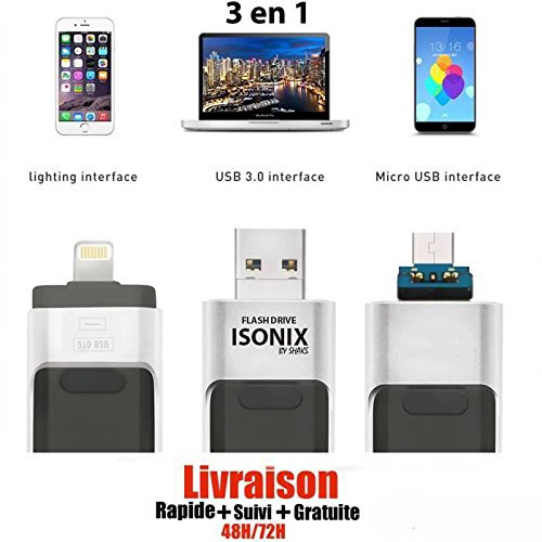 isonix Clé USB 64 go 3 en 1 Compatible iOS/Android pour Apple Iphone X/8/7/6/5 Samsung/Ipad/Macbook/Windows/PC/Tablet OTG Flash Pen