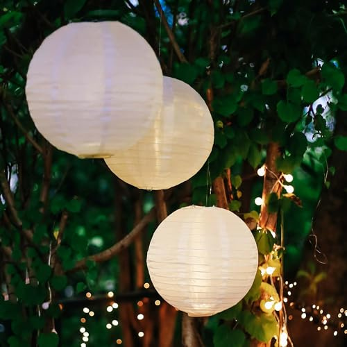 Hellum LED Lampion außen, weiß Nylon-Lampion mit Fernbedienung, warmweiß LED dimmbar, wetterfest Laterne 3x30cm Lampenschirm mit Unterwasserlicht batteriebetrieben für Party Hochzeit 530483
