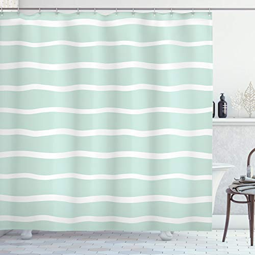 ABAKUHAUS Minimalist Duschvorhang, Gewellte Linien weiße gestreifte, Stoffliches Gewebe Badezimmerdekorationsset mit Haken, 175 x 200 cm, Mandelgrün Weiß