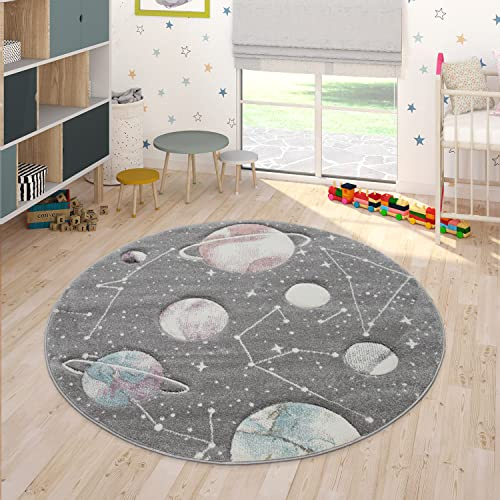 Paco Home Kinder-Teppich, Spiel-Teppich Für Kinderzimmer Mit Planeten Und Sternen, In Grau, Grösse:Ø 120 cm Rund