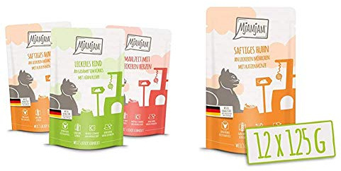 MjAMjAM - Premium Nassfutter für Katzen - Mixpaket I - Huhn, Rind, Herzen, 12er Pack & Premium Nassfutter für Katzen - Quetschie - saftiges Huhn an leckeren Möhrchen, 12er Pack (12 x 125 g)