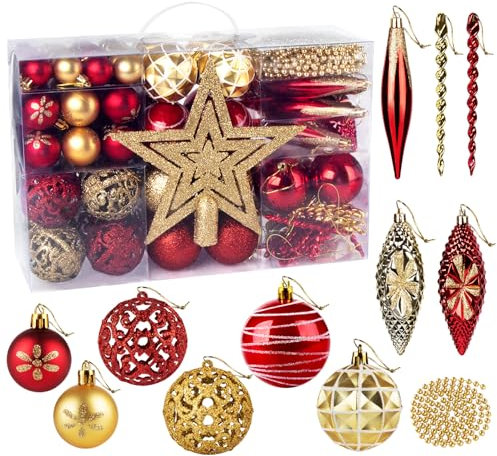 Homewit Weihnachtskugeln Rot Gold Set, 102 Stück Weihnachtskugeln aus Kunststoff 3-6cm Baumschmuck Weihnachtsbaum Deko, Weihnachtsbaumschmuck mit Weihnachtsbaumspitze & weihnachtsperlenkette