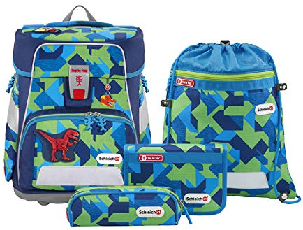 Step by Step Schulranzen-Set SPACE Schleich „Dinosaurs Velociraptor“ 5-teilig, blau-grün, ergonomischer Tornister mit Reflektoren, höhenverstellbar mit Hüftgurt für Jungen 1. Klasse, 20L