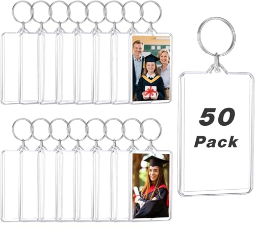 Yaomiao 50 Pcs Acrylic Photo Frame Keychain Holder 2 x 3 Inch Photo Picture Insert Blank Keyring for Christmas DIY Craft