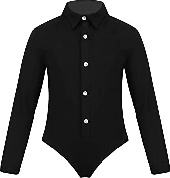 Agoky Kinder Jungen Langarm Bodysuit Tanzbody Latein Anzug Hemd Shirt mit Fliege Einteiler Jumpsuit Overall elastische Leotards Schwarz B 152