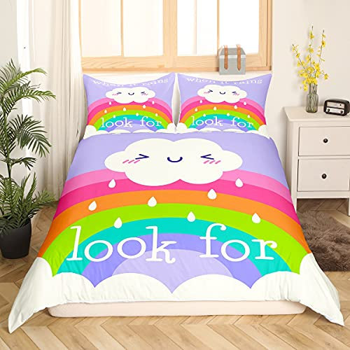Sunnybed Mädchen-Regenbogen-Trösterbezug, 135x200 Kawaii-Regenbogen-Bettwäsche-Set, Kinder-Cartoon, Bunt, Schillernd, Bettbezug, Süße Wolken, Regentropfen, Tagesdecke, Regenbogen-Raumdekoration