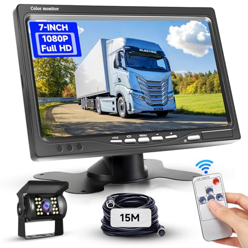 Podofo Rückfahrkamera Kabel mit 7 Zoll TFT LCD Monitor Kit Einparkhilfe,IP68 Rückfahrkamera Auto Nachtsicht für SUV LKW Van Wohnmobil Mit 15m Kabel/Zigarettenanzünder-Steckdose DC 12–24 V