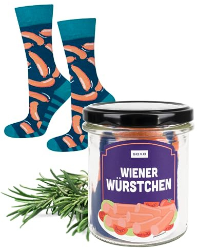 soxo Socken Herren & Damen Essen - Antipasti Geschenk Mit Gurken 35-45 | Sauerkraut Motiv, Cornichon Design, Wildschwein Print, Pilze eingelegt, Kartoffelsalat Art, Würstchen Grafik, Heringe Thema