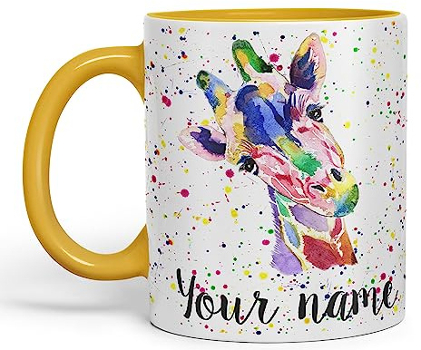 Vixar Personalised with Your Text Giraffe Safari Wildlife Animals Watercolour Art Coloured Ceramic Mug Cup Gift 330ml 11oz Custom Work Office Tea Coffee (G Yellow)
