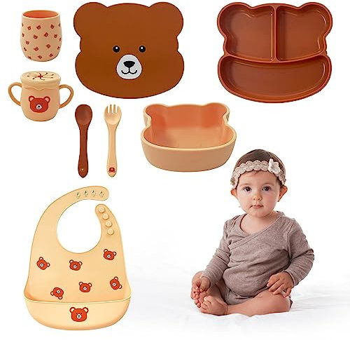 fanelod Set da tavola in silicone per bambini, forchetta, piatti, tazze, utensili per cibo, , cucchiaio, forniture per la pappa, set di stoviglie riutilizzabili per la casa e i viaggi