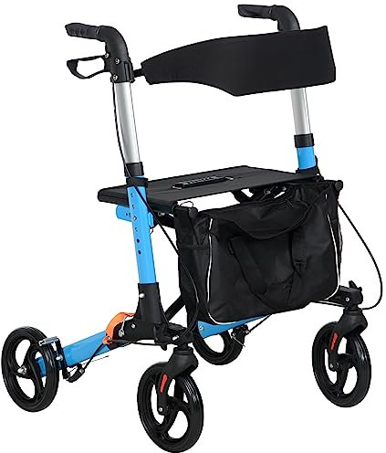 HOMCOM Déambulateur pliant avec siège et dossier 4 roues - pliable réglable avec sac de rangement - freins à main - bleu et noir