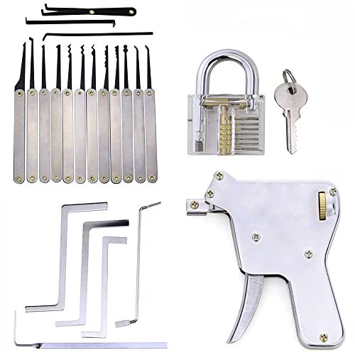 QiDAi 4-in-1 transparentes Dietrich-Trainingsset mit Lockpick-Pistole, Spannschlüssel, 15 Haken, Schlüsselschloss, perfekt zum Lernen und Üben