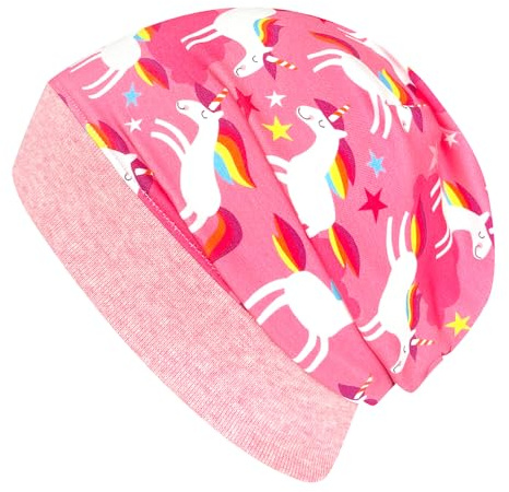Wollhuhn ÖKO Leichte Mädchen/Jungen Beanie-Mütze Bündchen Elastisch Übergangszeit/Sommer Kinder-Mütze Baumwolle (Öko-Stoffe, Bio) 22222235 (Happy Unicorn/Einhorn Rosa, S)