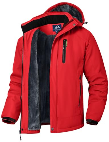donhobo Herren Winter Skijacke Atmungsaktiv Warm Gefüttert Winterjacke Wasserdichte Winddichte Outdoor Verdickt Funktionsjacke mit Abnehmbarer Kapuze, Rot, XL