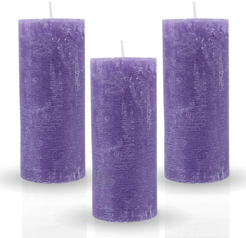 Bestgoodies Lot de 3 bougies piliers rustiques violettes Différentes couleurs/tailles - Longue durée de combustion - Bougie d'autel sans parfum - Bougie décorative - Bougie de l'Avent