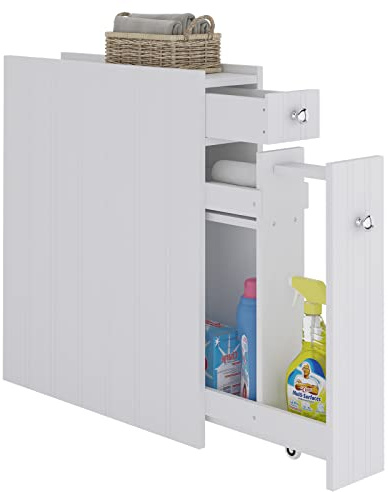 DlandHome Nischenschrank mit Schubladen, schmal, 14 x 50 x 58 cm, platzsparend, Aufbewahrungsmöbel, mit Rollen, für engen Platz, weiß, für Badezimmer, Küche, Wohnzimmer