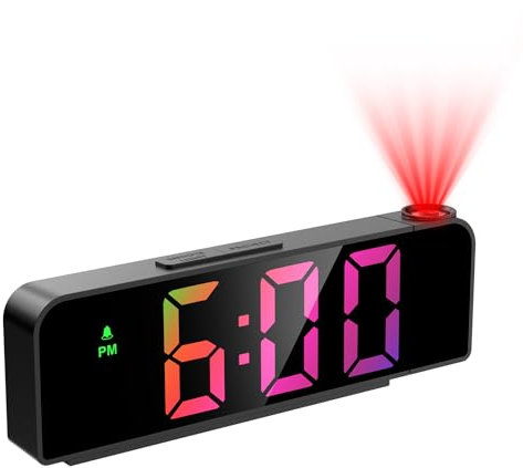 OQIMAX Reveil Projecteur Plafond, Réveil Projection, Réveil Numérique, Horloge Digitale Projecteur 180°, LED 7.9, 4 Luminosités Réglable, Snooze, Mode Nuit, Température, Noir et Chiffres Colorés