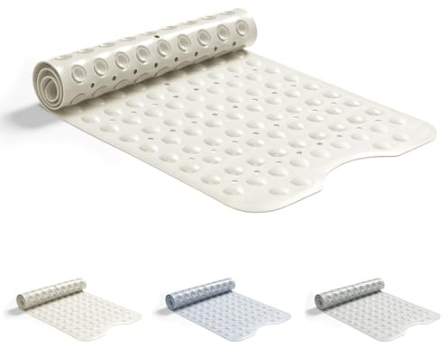 Good Nite Non Slip Bath Mat 101x40cm Bathtub Mat Shower Mat Machine Washable Bath Tub Mat with Suction Cups Drain Holes Rubber Bath Mats Non Slip Anti Mould Extra Long Bath Mat Beige