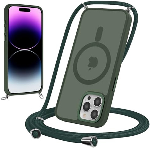 Yoedge Magnetische Handyband für iPhone 13 Pro 6,1 Hülle mit Band, Handyhülle Kompatibel mit MagSafe, Matt Transluzente PC + TPU Stoßfest Schutzhülle mit Abnehmbar Kordel zum Umhängen Case, Grün1