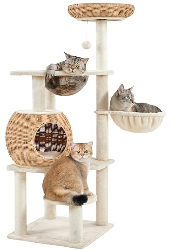 Yaheetech Tiragraffi Albero per Gatti 137cm Cuccia per Gatti in Rattan Intrecciato con Cuscino Cestino Peluche Palla Appesa Gatto Gioco Beige