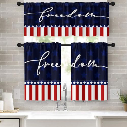 Nesphy Küchengardinen mit USA-Flagge, Volant und Etagen-Set, 91,4 cm, Unabhängigkeitstag, rote blaue Streifen, Stangentasche, kurze Etage, Vorhang für Zimmer, Freiheit, Urlaub, Küchendekoration