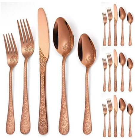 Royal Shang Youpin Vintage Carving Cucina Acciaio Inossidabile Argenteria Stoviglie Posate Coltelli Forchette Cucchiai Set Home Coltello Da Bistecca Cucchiaio Da Dessert (Oro rosa,20 pezzi)