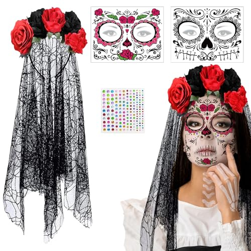 Tag der Toten Schleier Halloween, Damen Tag der Toten Haarschmuck, Halloween Haarschmuck, mit 2 Gesichtstattoos 1 Kristallaufkleber, Dia de Muertos Haarreif für Halloween, Halloween Cosplay Party