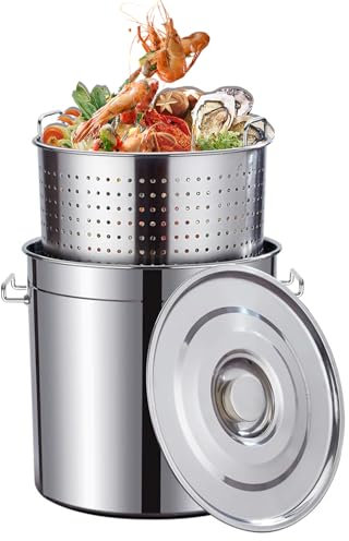 Casserole de fruits de mer en acier inoxydable de 80 litres avec couvercle, crabe, homard, bouillon de crevettes avec passoire, friteuse à dinde, marmite profonde, cuisinière frite pour l'extérieur