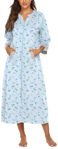 Ekouaer Women Zipper Robe 3/4 Sleeves Loungewear Dress Full Length Sleepwear Pockets Housecoat Nightgown Long Bathrobe
