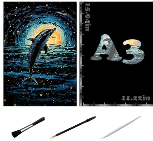 Fantasyland Scratchboard-Set, 405 x 285 mm, DIY Glow-in-the-dark Cartoon Fantasy Nachtlandschaft, schwarzbeschichtetes buntes Kratzpapier mit Werkzeugset (Traum Delfin)
