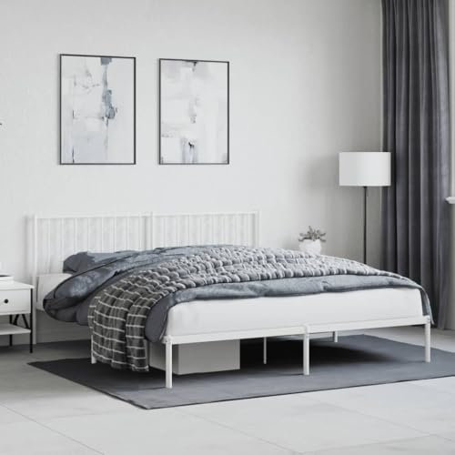 Iiaky Bettgestell mit Kopfteil Metallbett Bed Frame Bettgestell Bettrahmen Kopfteil Bett Tagesbett Metall Weiß 183x213 cm - 374491