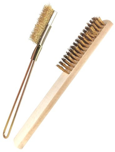Axinost Set di spazzole a fili, spazzola retta, spazzola con manico in legno, cromate/simile all'ottone, per pulire le griglie del barbecue e rimuovere la spo (Argento (Acciaio Inossidabile))