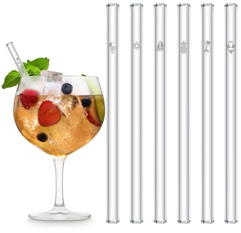 HÅLM Glas-Strohhalme - Summer Edition mit Gravur - 6 Stück gerade 15 cm - Sommer Strohhalme - Wiederverwendbare Glas-Trinkhalme - inkl. plastikfreie Reinigungsbürste - Glasstrohalme