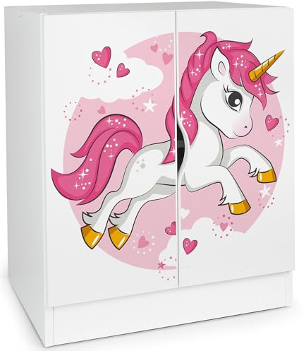 Leomark Weiß Kleiderschrank für Kinder Schränkchen 60x42x78 cm (H) mit höhenverstellbaren Einlegeböden Kinderschrank mit UV-Druck Aufbewahrungsschrank ideal fürs Kinderzimmer UV-Druck: Rosa Einhorn