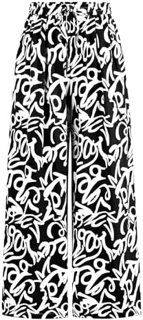PRETTYGARDEN Womens Pants Elastic Waist Floral Lightweight Palazzo Pants for Women Casual Lounge Wide Leg Pants Woman (Black Flower, Large)