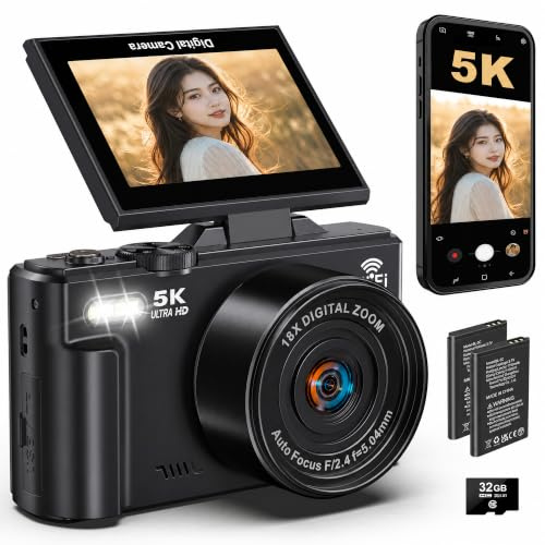 Appareil photo numérique 5K 72 MP Vlogging Camera WiFi UHD Autofocus 180° Flip Screen 18X Zoom compact pour YouTube