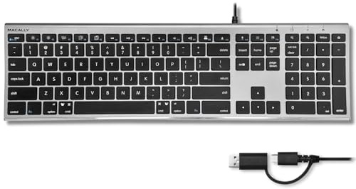 Macally Teclado USB C (actualizado) – Enchufe dual USB A + C – Teclado con cable para Mac – Ultra delgado, 20 accesos directos, 110 teclas de tijera – para MacBook Pro/Air, Mac mini, iMac, iPad – Gris