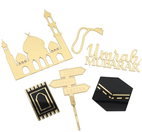 Cranight Golden Acrylic Hajj Mubarak Cake Topper pack of 6,Islamic Celebration Decoration for Hajj & Umrah, Elegant Muslim Party Supplies