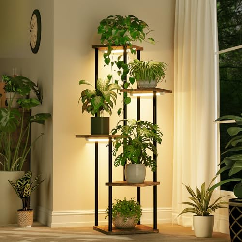 Bamworld Support Plantes avec Lampe de Croissance, Étagère Plante 5 Niveaux Métal Brun, Porte Plante Intérieur Extérieur pour Multiples Plantes, Brun Rustique