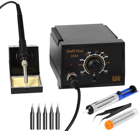 Stazione saldante, kit stazione saldante 936A 60W con 5 punte rotonde per saldatura, filo di saldatura, pinzette, pompa dissaldante e kit stazione di rilavorazione per elettronica (Nero)
