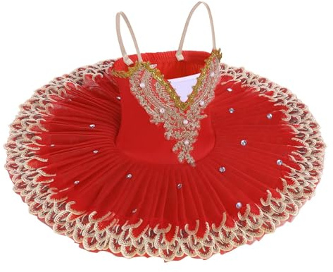 Ballett-Tanzkleid für Mädchen, Schwanensee, Riemen, Spitze, Perlenstickerei, Camisole Gymnastikanzug, Tutu, Kostüm, Eiskunstlauf, Tanzkleidung, Ballerina-Outfit, rot, 150 cm