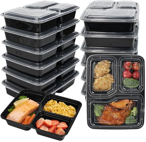 REFORUNG 15 PCS Boîtes Alimentaires 3 Compartiment Plastique Rigide Réutilisable 1000ml Boîtes Repas Aliments pour Salades Pâtes Fruits
