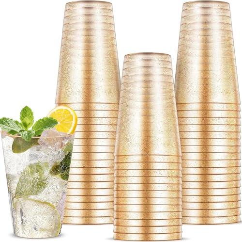 Tczecoo 50 Stück Partybecher mit Goldglitter, 413ml /14oz Trinkbecher | Wiederverwendbar Hartplastik Becher, Elegante Party Weingläser für Party Hochzeiten Geburtstag