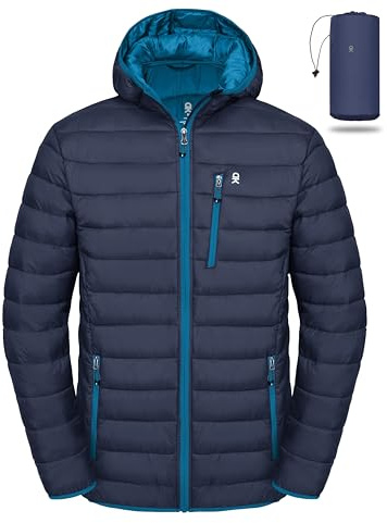 Little Donkey Andy Men's Packable Lightweight Puffer Jacket Hooded Windproof Winter Coat with Recycled Insulation Deep Blue M