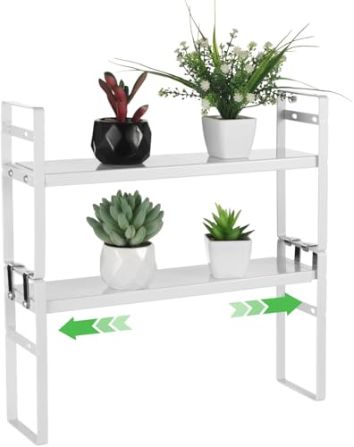 SWEWARM Window Sill Plant Shelf, 2-Tier Expandable Metal Rack 13.6-23.6 in, Adjustable Height Over Sink Organizer, Narrow Countertop Storage Stand for Plants, Spices and Mugs, White
