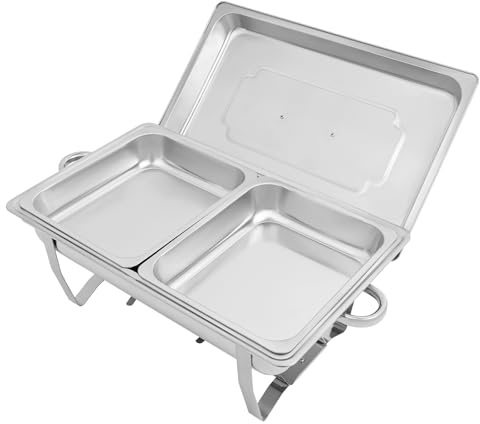 Stainless Steel Food Warmer 4.23QT Double Compartment Chafing Dish with Water Tray, Lid & Fuel Cans, Foldable Buffet Warmer Rectangular Chafing Dish for Catering Events & Parties