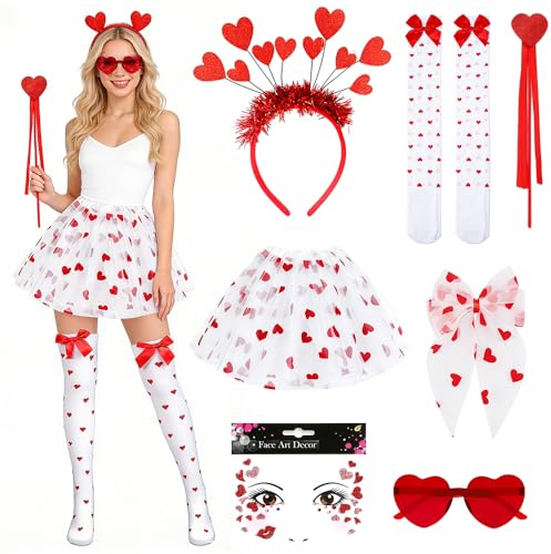 TGKYK Disfraz Cupido Mujer, 7 piezas Disfraz san Valentin con Diadema de Cupido, Falda de tul, Corazón de Disfraz, Disfraces Cupido para Valentín Carnaval